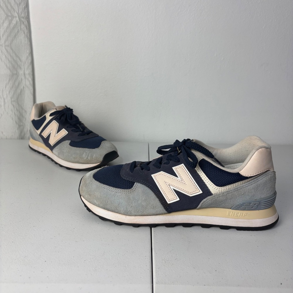 New Balance 574 Classic Retro Sneakers Blue Grey Cream Suede Womens 11.5 Mens 10